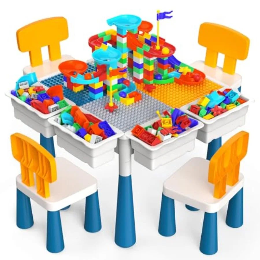 Toddlers Activity Table 7 in 1 Activity Tables and 4 Chairs with 152Pcs Large Marble Run Building Blocks, Sand/Water Tables, Le