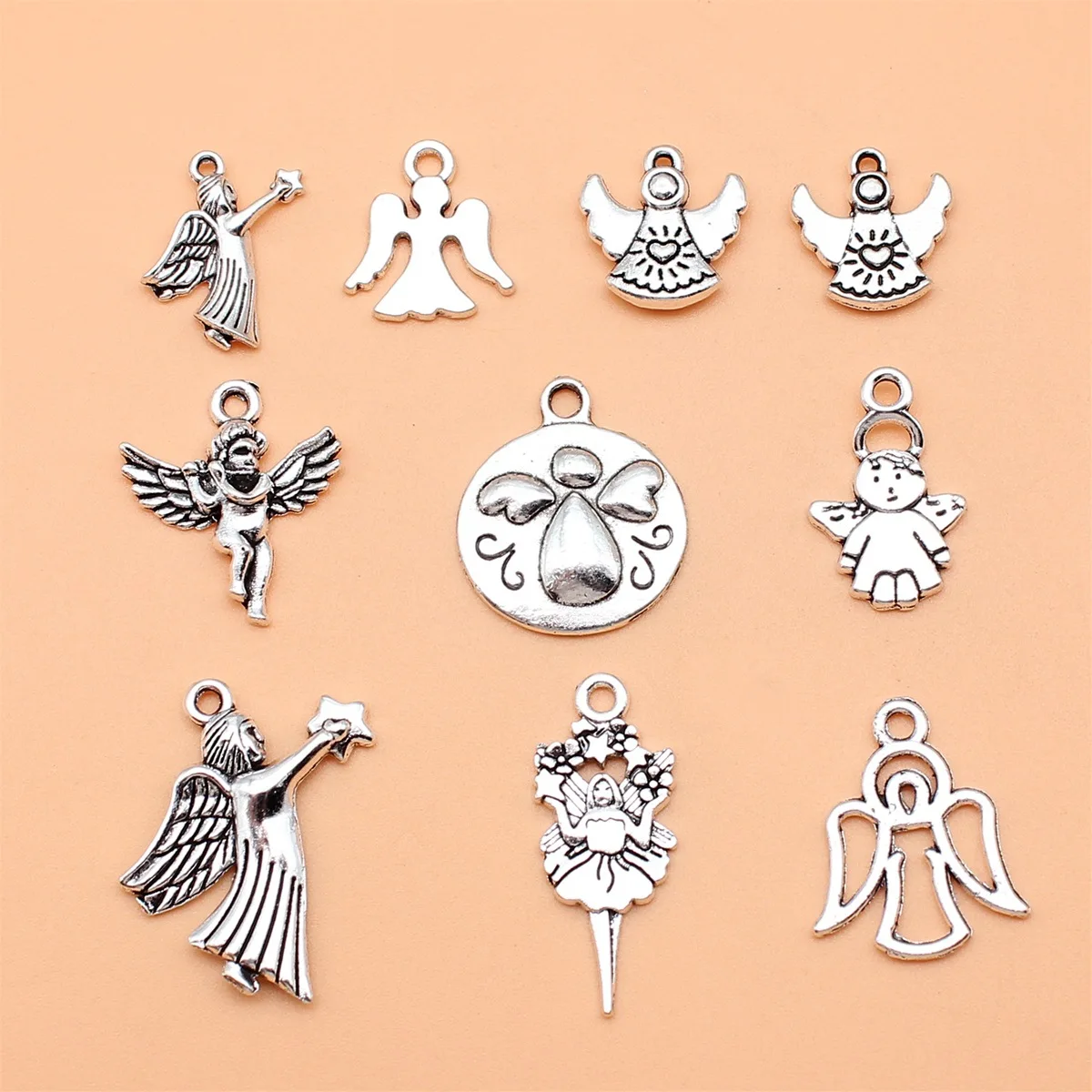 10pcs Antique Silver Color Angel Charms Collection For DIY Jewelry Making, 10 Styles, 1 of Each