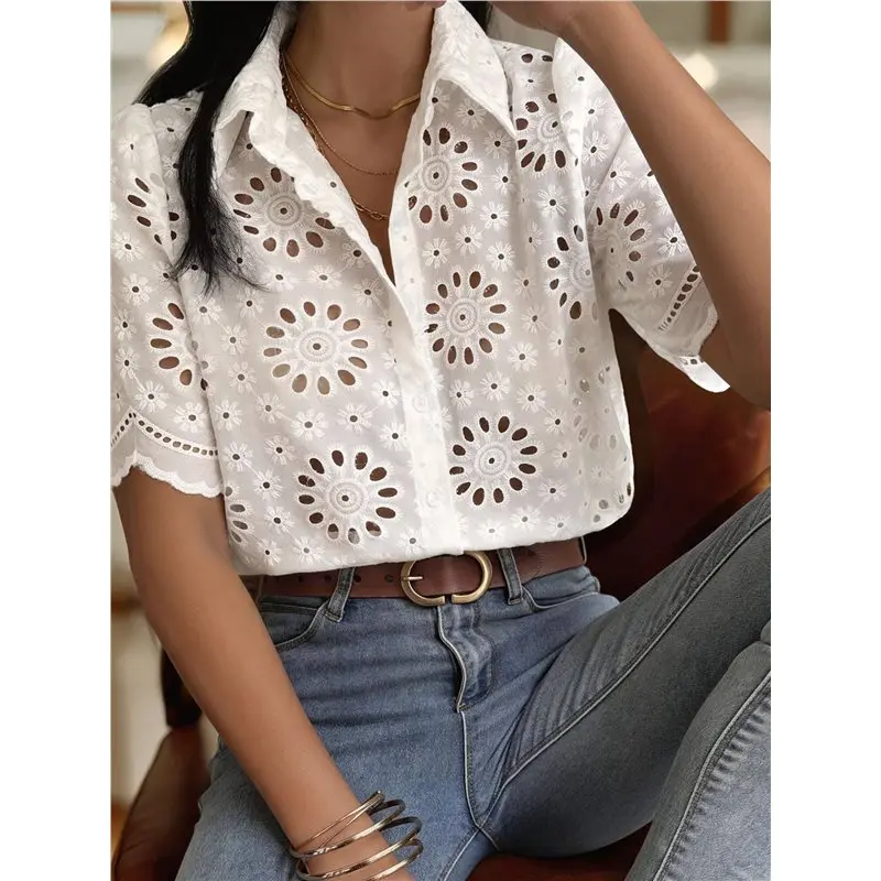 NEW-Womens Collared Eyelet Floral Embroidery Scalloped Hem Short Sleeve Blouse