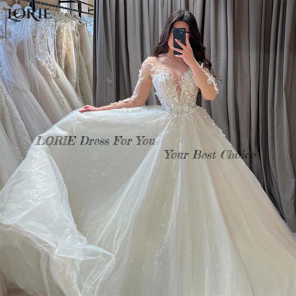 Lorie vintage glitte rendas vestidos de casamento apliques manga longa com decote em v a linha vestido de noiva flor princesa vestido de noiva