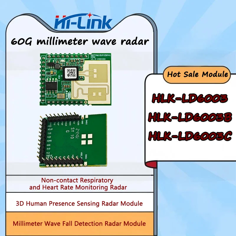 HLK-LD6003/6003B/6003C 60G Millimeter-wave Radar MMW Radar Module: Non-contact Resp&HR, 3D Human Presence, Fall Detection Sensor