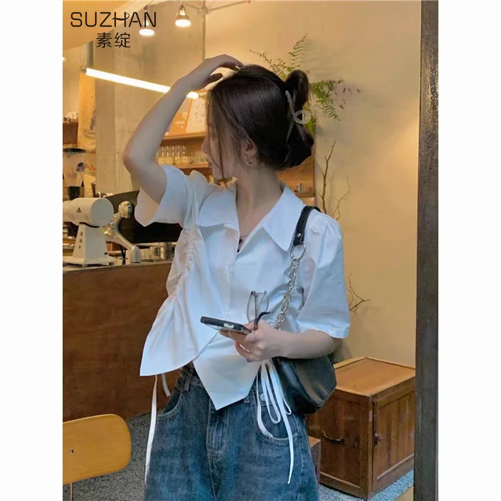 

Short Sleeve Shirts Womens Chiffon Patchwork Stand Collar Pintucked Shirt Work French Romantic Girlish OL Lady Modern Style