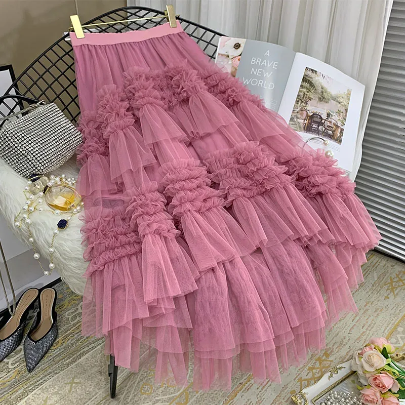 Long Mesh Skirt Women 2025 Spring And Summer High Waist Max Pleated Tutu Tulle Skirt Gauze Irregular Skirt Female Jupe Longue