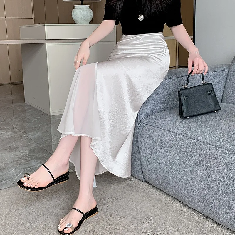Solide Satin Seide Rock Gespleißt Mesh Frauen Hohe Taille Trompete Meerjungfrau Sommer Langen Rock Elegante Damen Büro Dame Midi Frühling