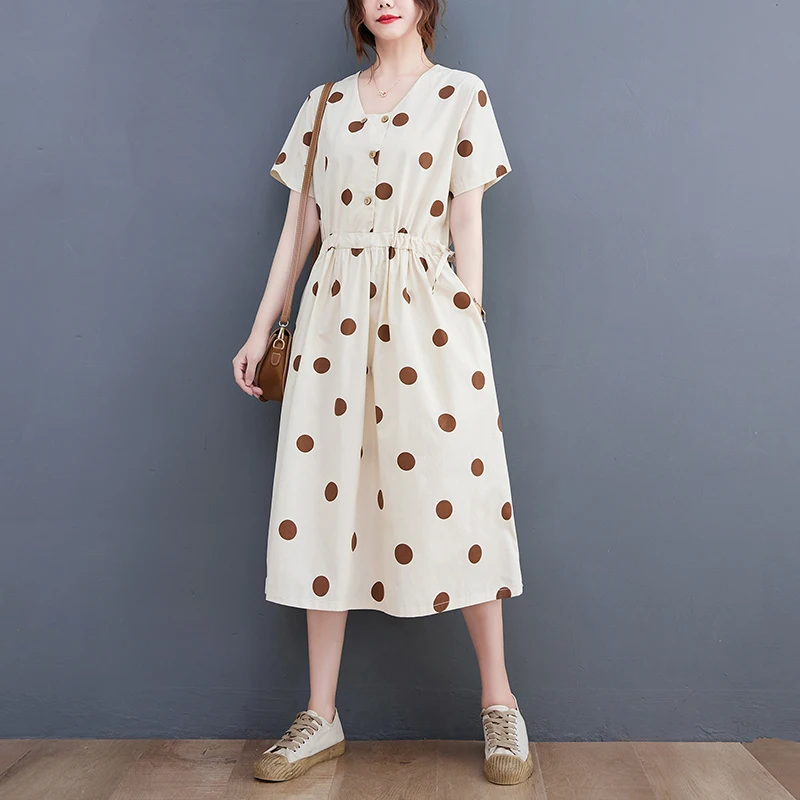 Summer New Polka Dot Print Cotton Drawstring Waist Short Sleeve Dress Midi Size Large Women's Commute Style Cotton Blend Dress