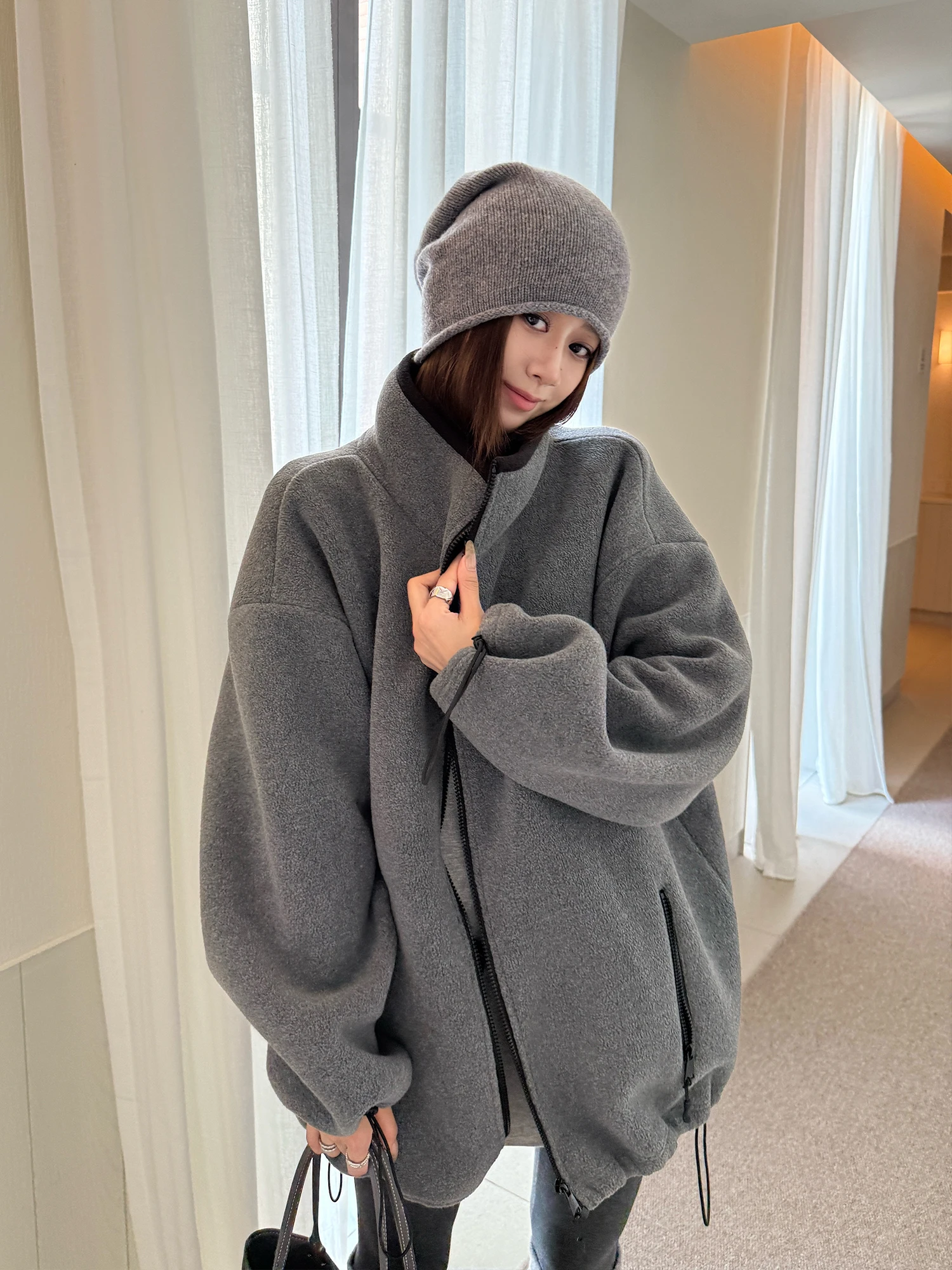 

Harajuku Turtleneck Hooded Coats Women Casual Y2k Clothing Grey Jackets 2000s American Vintage Tops Overcoats Korean Fashion