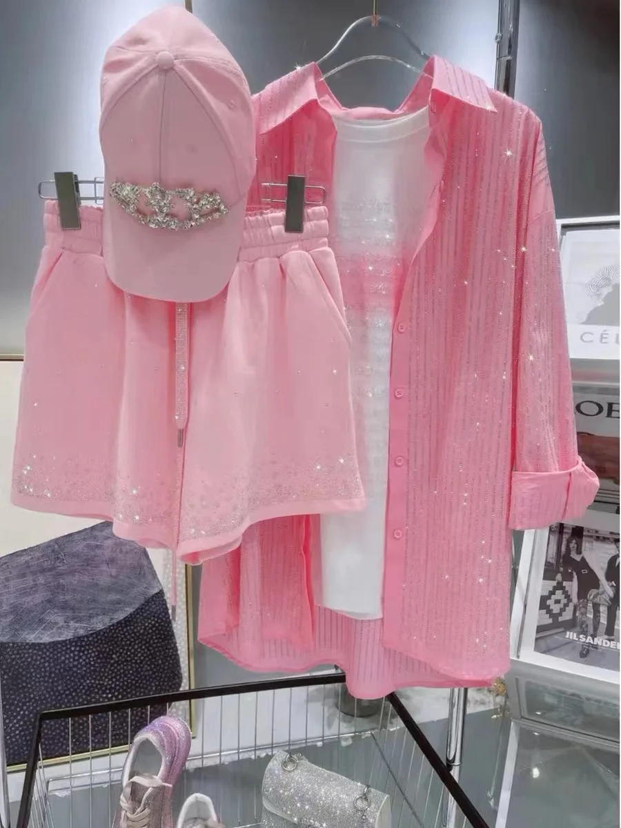 Blingbling Diamonds Hot Drilling Vertical Stripes Loose Casual Pink Shirts and Blouses For Women\'s Long Sleeve Top Blusas