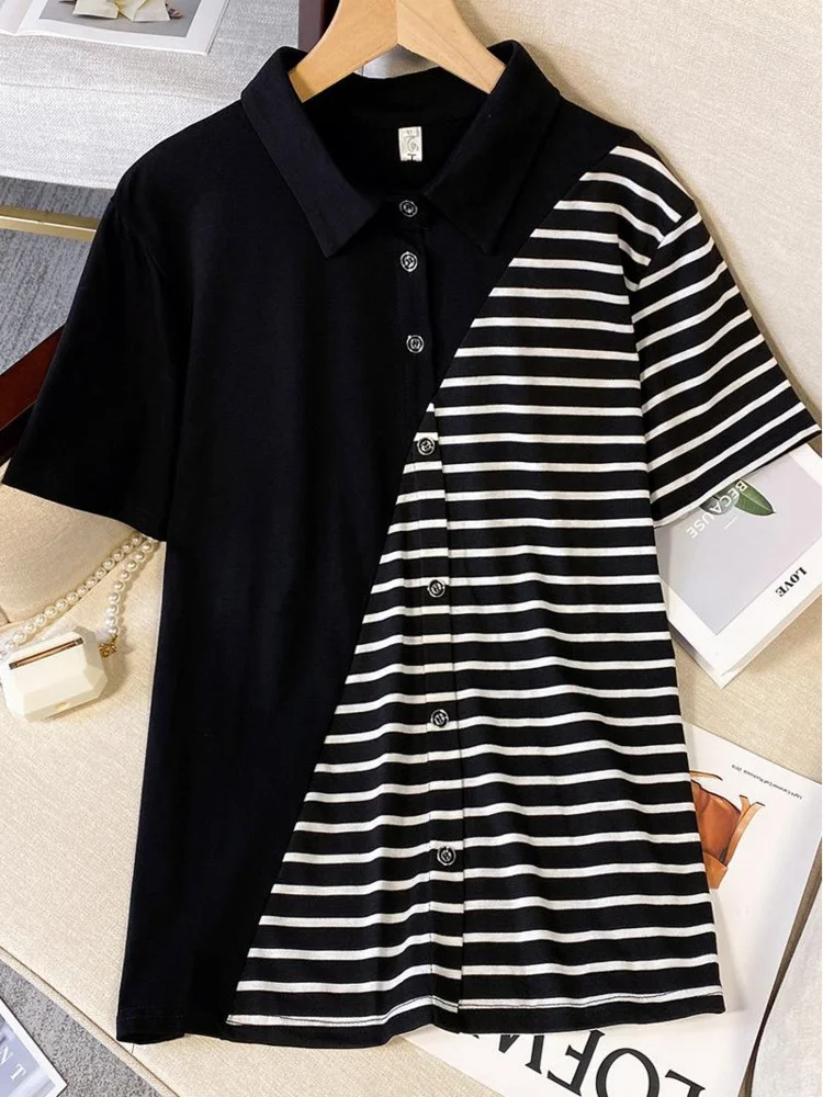 Summer XL-4XL Large Size Stripe Splice Tshirt Women Turn-down Collar Loose Oversize Tops Short-sleeve T-shirt Single Breasted