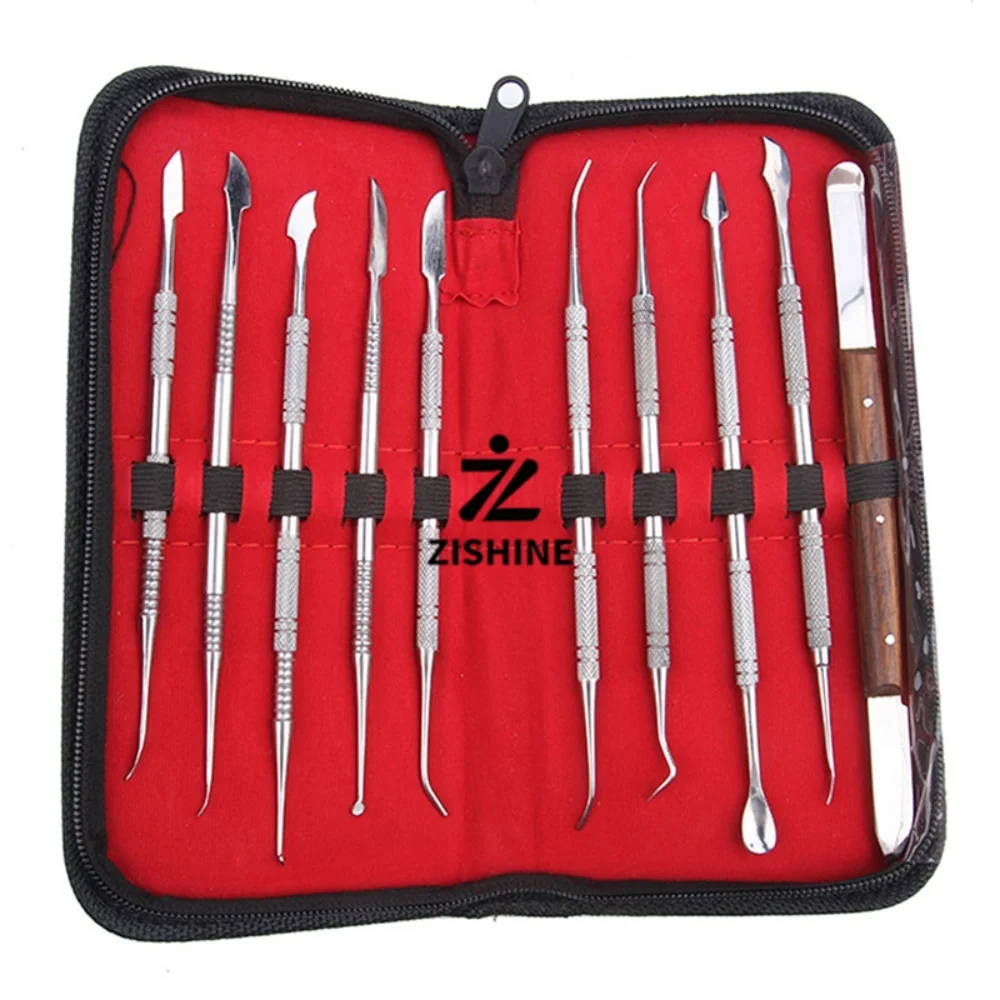10Pcs Dental Lab Wax Carving Tools Kit Stainless Steel Carver Knife Spatula Set with Zipper Case Dentistry Modeling Tool Set