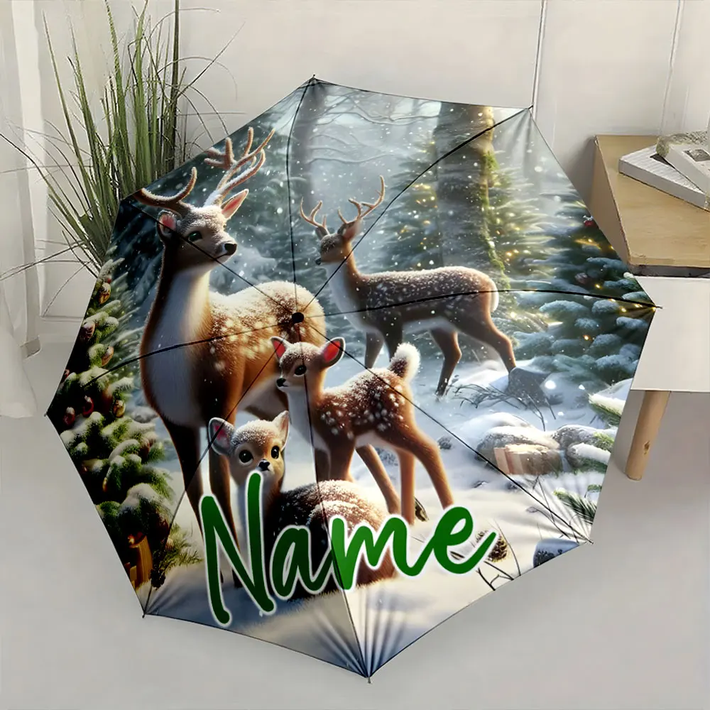 Custom Name Winter Wonderland Deer Umbrella Design Print 8 Iron Ribs Folding Umbrella Auto-Open Fashion Sunshade
