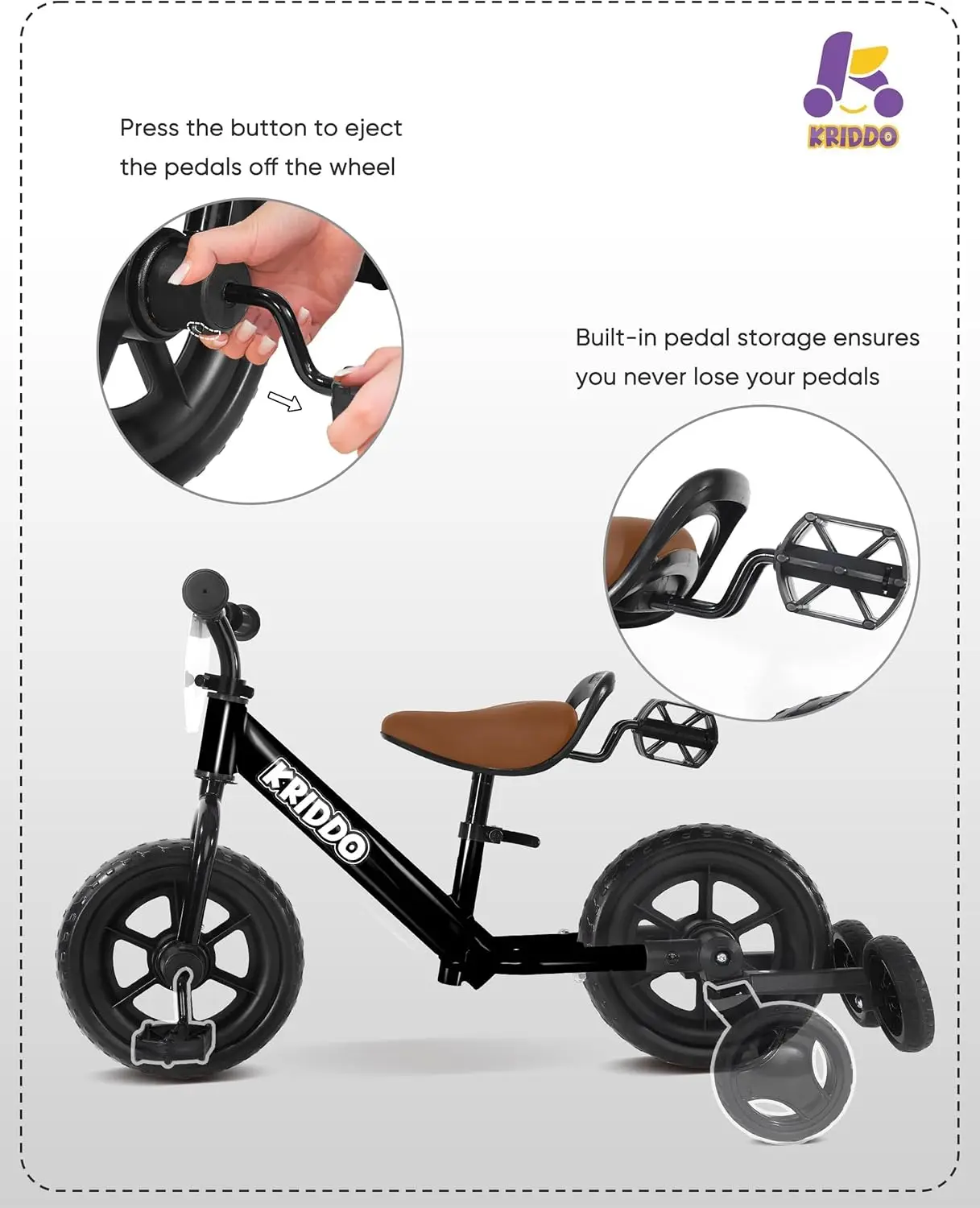 Tricycle 2 en 1 pour enfants, vélo d'équilibre pour tout-petits de 2 ans, poignées, pédales amovibles, roues d'entraînement escamotables, plaque de bricolage, triporteur d'équitation
