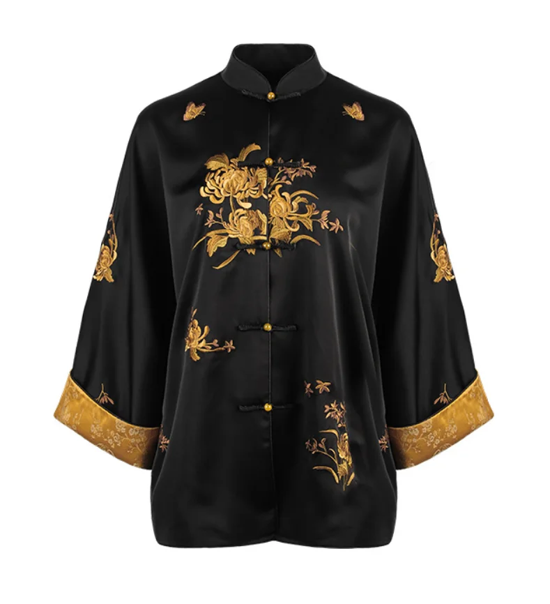 

Spot Spring National Style Chinese Black and Yellow Color-Block Embroidered Frog Button Coat Loose Top