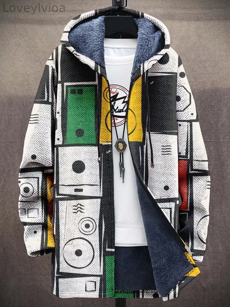 

Men's Winter Zipper Cloak Retro Patch Color Pattern 3D Printed Wool Zipper Hoodie Neutral Street Casual Thick Warm Jacket Q0357