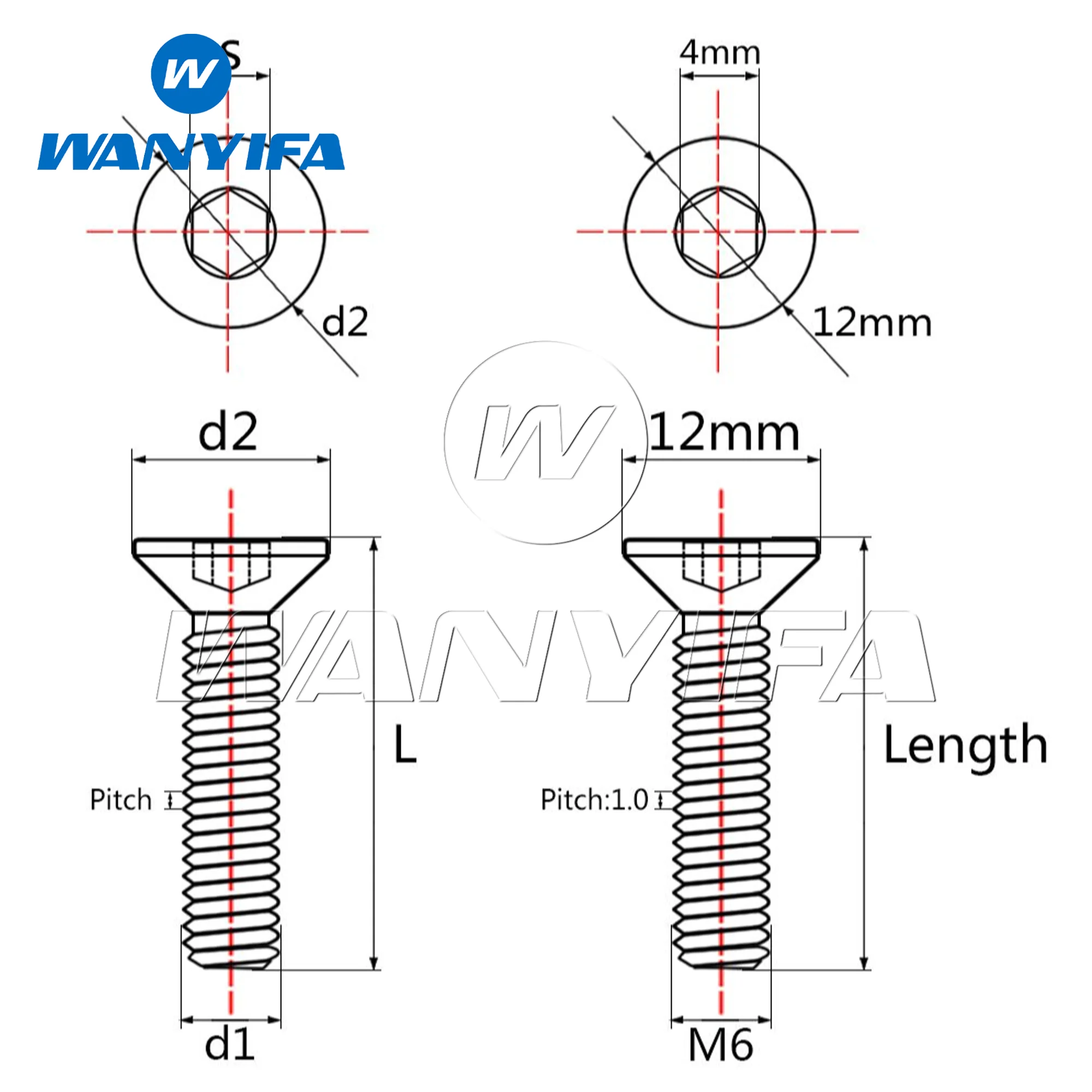 Wanyifa Titanium Bolts M6x10/15/20/25/30/35/40/45mm for Bicycle Head Plate Flat Countersunk Socket Head Cap Screws 8pcs/12pcs