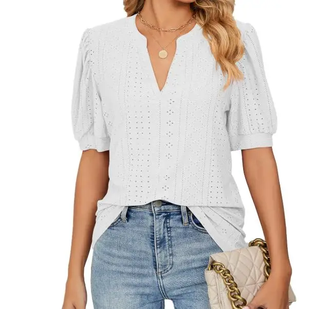 2025 Camiseta holgada informal de verano con cuello en V y manga de burbuja hueca de Color sólido para mujer