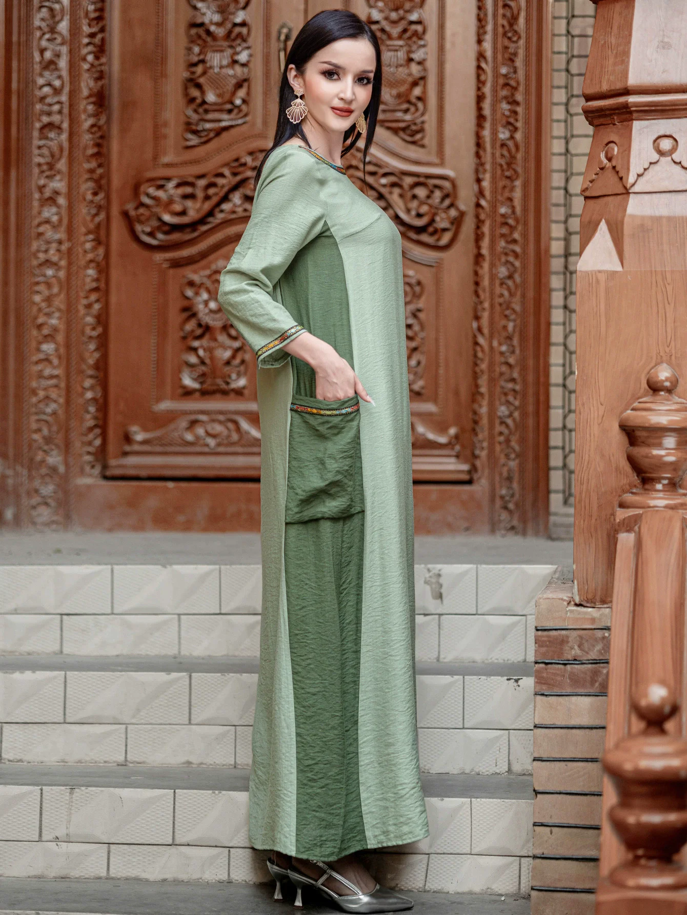 Middle Eastern Muslim Fashion Arab Women's Pocket Long Sleeve Dress Comfortable Breathable Casual Color blocked Long Dress