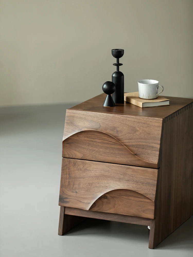 All solid wood black walnut bedside table bedroom light luxury with floor lamp wave bedside table