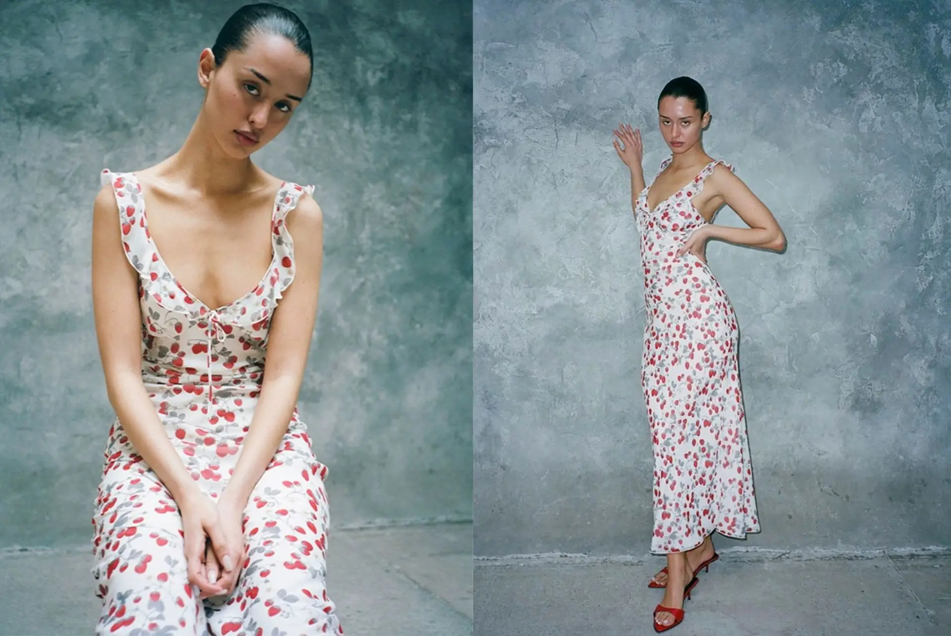 Soffio di fragole · Abito francese romantico in georgette di seta con foglie di loto lungo e corto