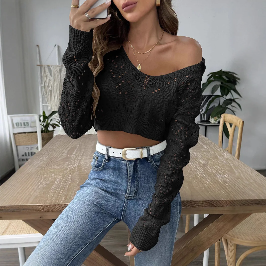 Haut court pour femmes, nouveau Style, col Polo à revers, pull court ajouré, printemps et automne