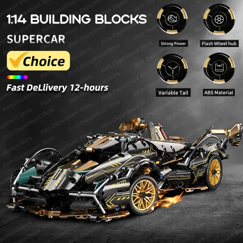 2024 Black V12 Block Roadster RC Tech Racer 1:14DIY Roadster building block assembly Block car toy birthday gift （1280+granule）