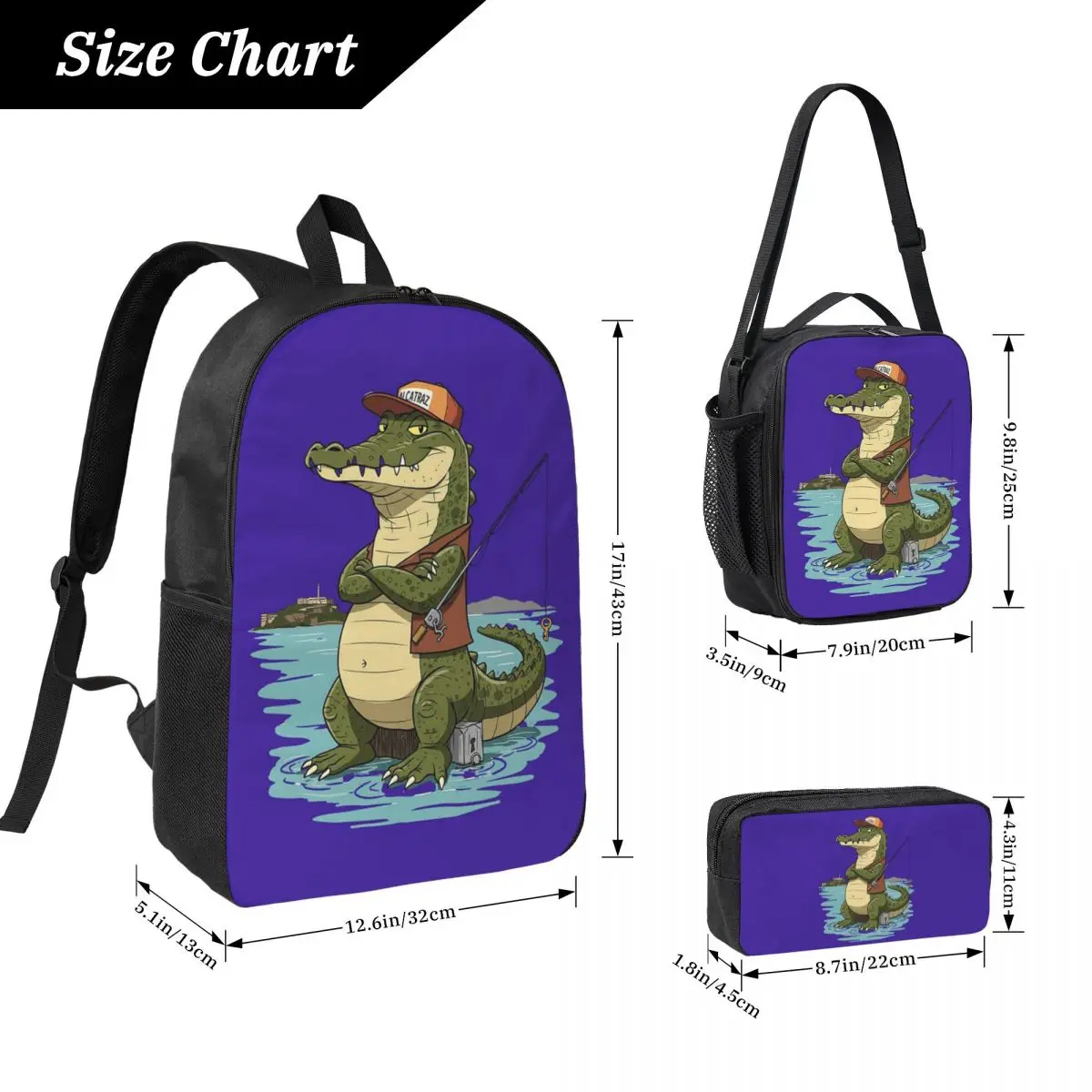 ALLIGATOR ALCATRAZ DESIGN Backpack Boys Girls BookBag School Bag Laptop Shoulder Bags 3ps Insulated Lunch Bag Pencil Case