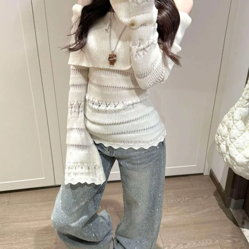 Korean Design Apricot Oneword Shoulder Top Women Spring High-end Temperament Slim-fitting Off-the-shoulder Knitted Hollow Blouse
