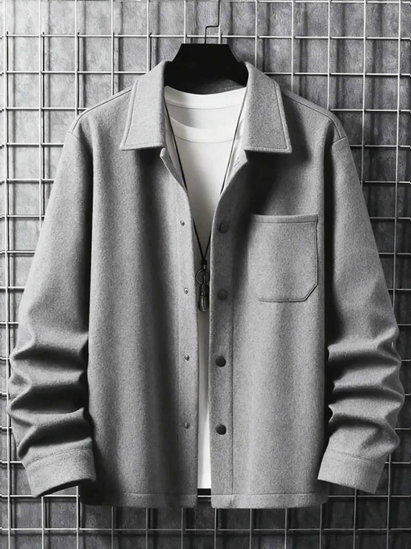 Herrenjacke aus gebürstetem Polyester, Reversjacke mit Knopfleiste/Reißverschluss und Tasche, bequeme, lässige Herbst- und Winterjacke für Büro und Business – Detail 5