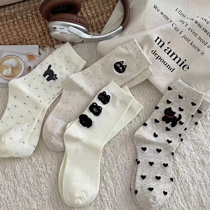 Socks Women's Cute Kawaii Illustrated Cartoon Warm Cotton Kitten Heel Flocking Day Cute Color Dots Casual Mid-tube Comfortable