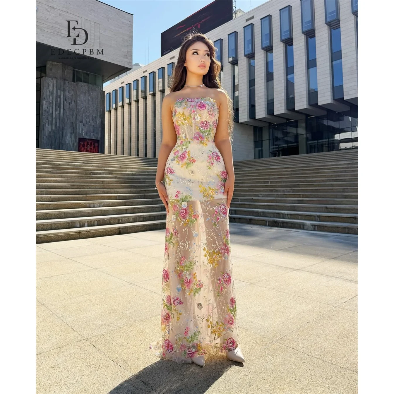 

EDECPBM Tulle Strapless Champagne Straight Evening Dress 2026 Prom Dress Women's Ladies Custom Made Embroidery Customized
