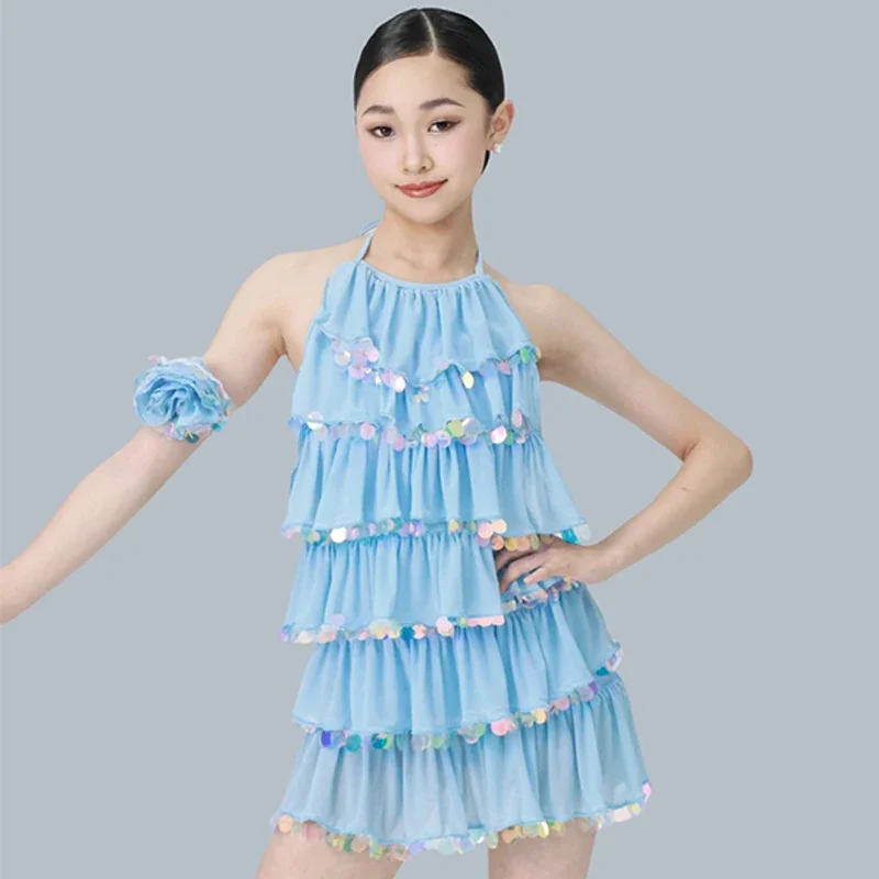 Meninas vestido de dança latina desempenho traje lantejoulas plissado vestido azul preto competição crianças cha cha rumba vestido dnv24713