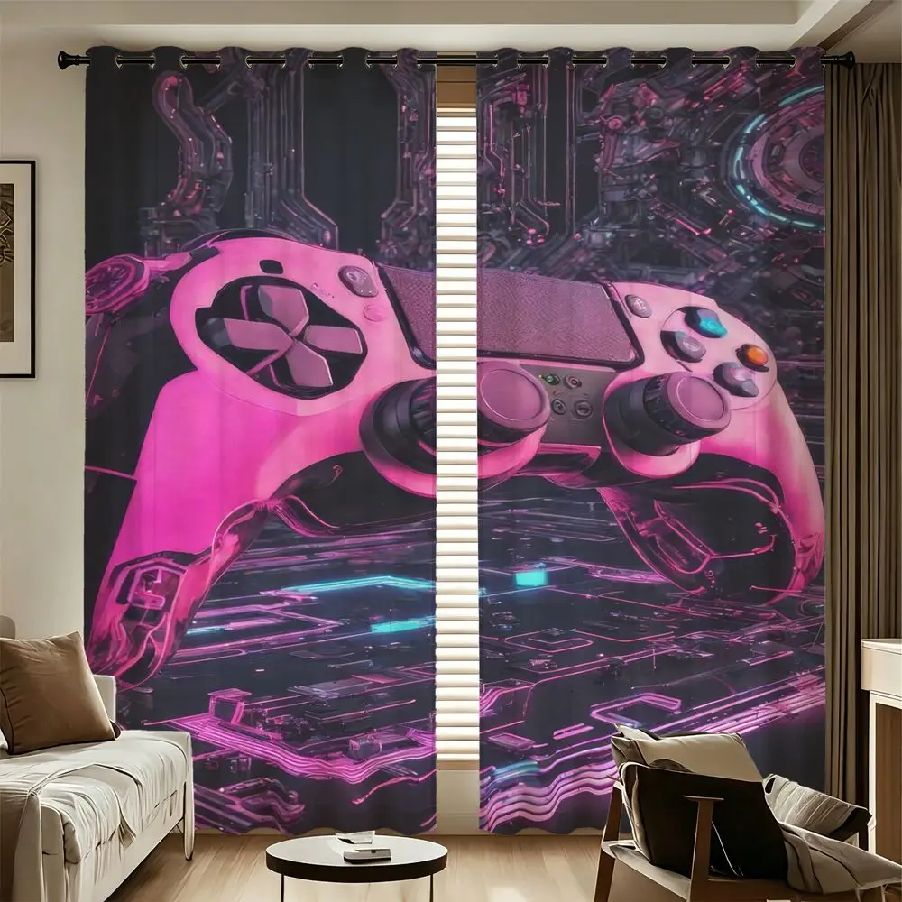 2 Panels Gaming Controller Printed Curtains Cyberpunk Style Blackout Curtains For Bedroom Game Room Window Home Decor
