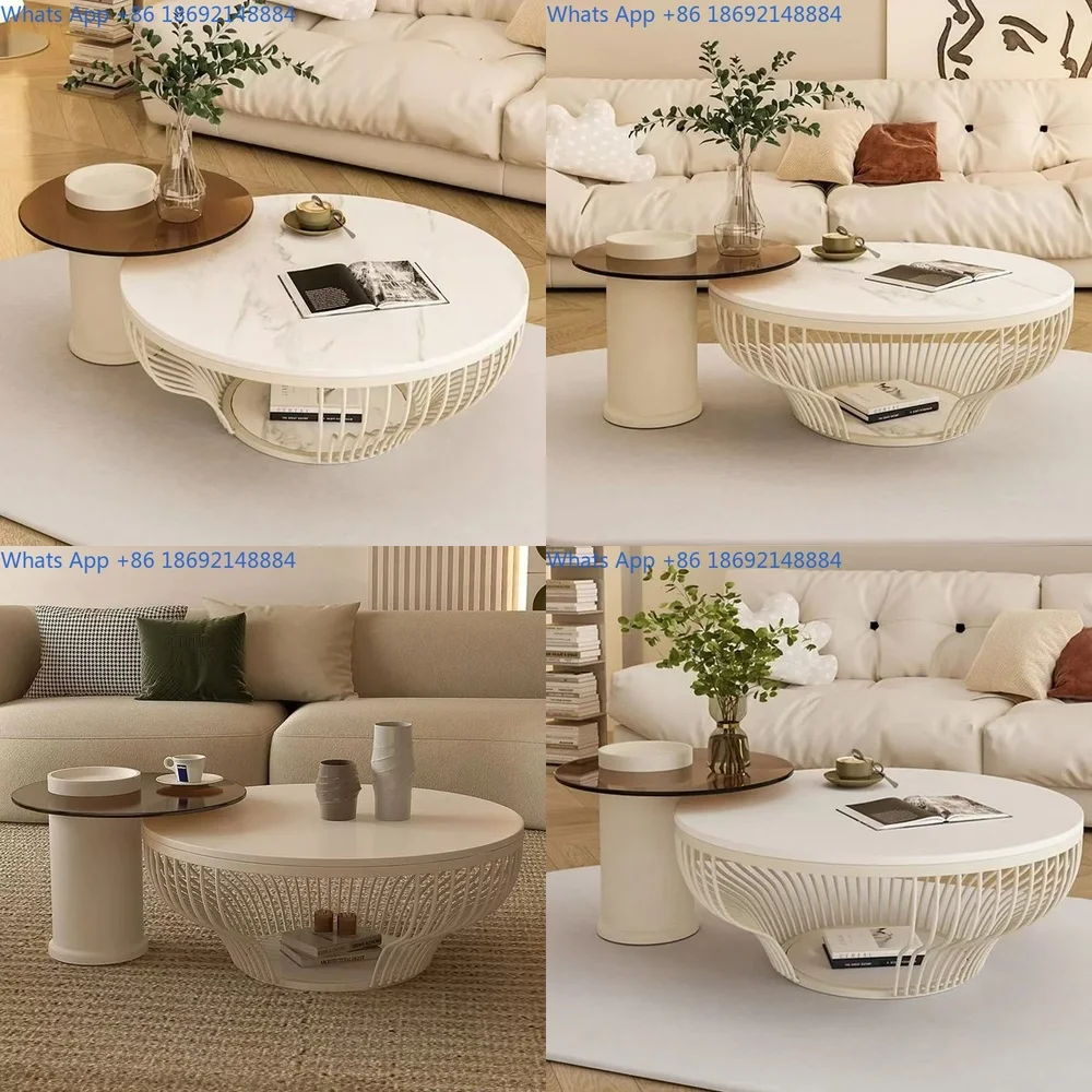 

Minimalist Cream Marble Coffee Table Set Round Small Living Room Home Glass Table for Balcony