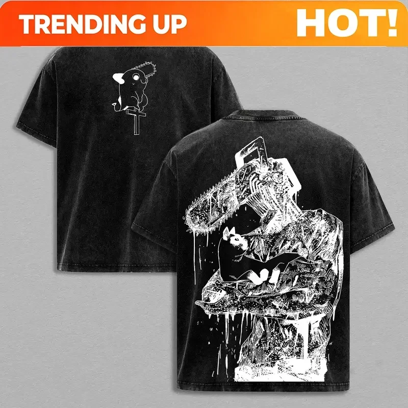 Customization Shirt 2026 Anime Chainsaw Man Denji Pochita Printed T-shirt Men's And Women's Washed T-shirt High Quality Vintage
