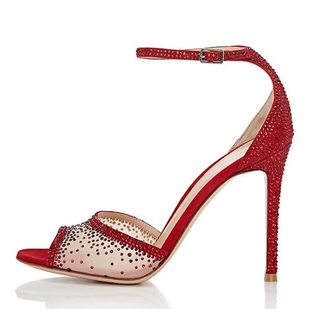 

Sandals Suede Embellished With Red Crystal Mesh Wedding Shoes Open Toe Thin High Heel Ankle Strap Cover Heel Dress Shoes