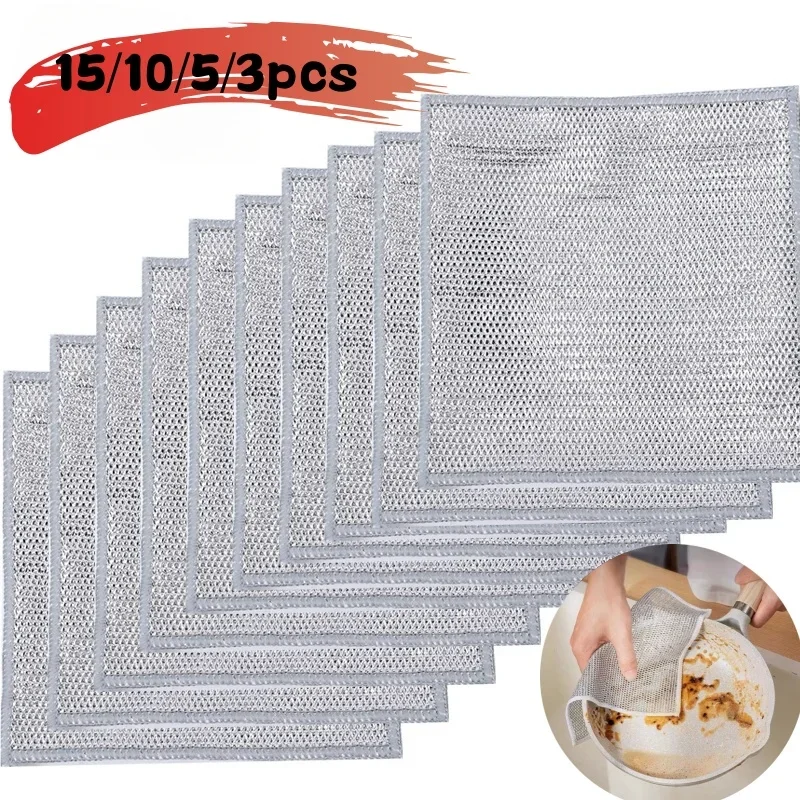 

15/10/5/3pcs Magic Cleaning Cloth Thickened Double-sided Metal Steel Wire Rags Kitchen Bowl and Basin Washdishing Towel Tools