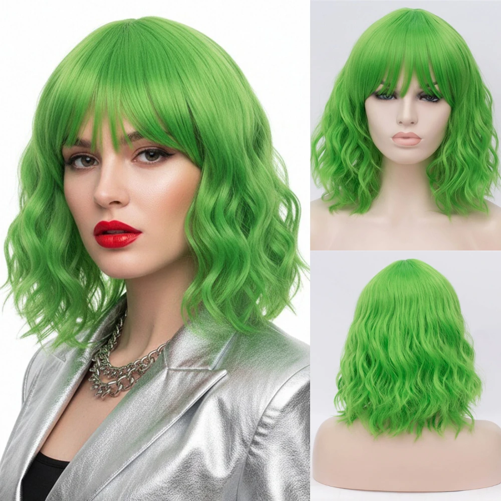

Short Wavy With Bang Cosplay Wig Green Women’s Heat Resistant Synthetic Fiber for Halloween Daily Wear