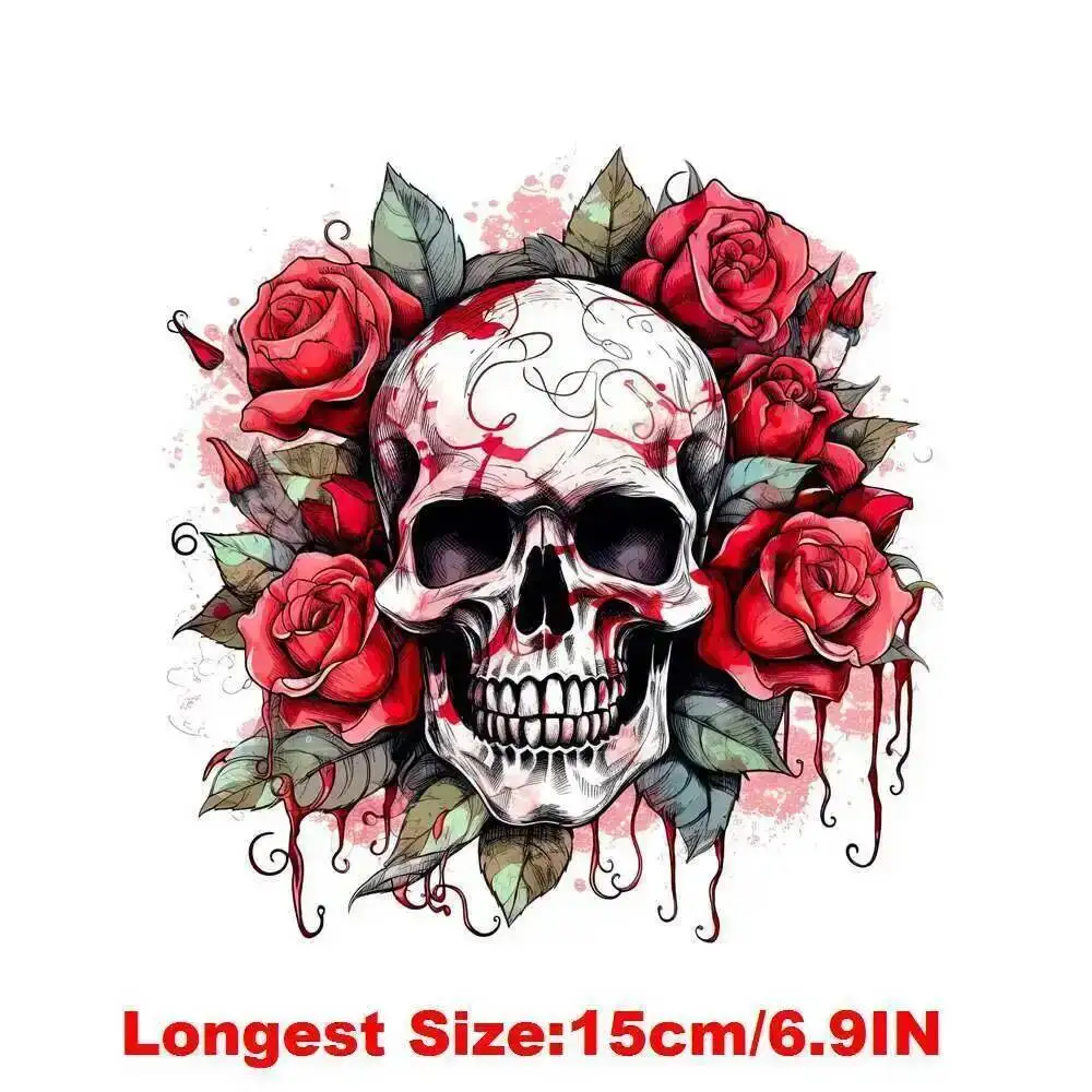 15cm Punk Skull Adorned With Beautiful Red Roses Iron On Transfer Stickers Diy DTF Heat Transfer Sticker T-shirt Clothes Decals