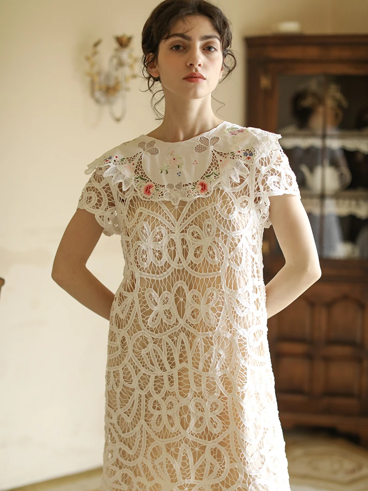 Summer Original Design Women Mori Kei Sweet Vintage Handmade Embroidery Holow Out Lace Slim Twinset Short White Dresses