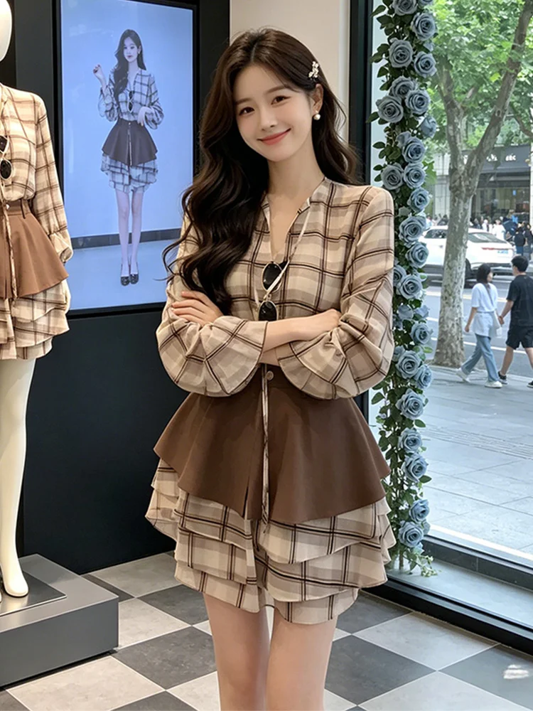 Korean Style Plaid Long Sleeve Dress Women's Summer New Elegant Youth Slimming Short Skirt High Waist A-Line Dress