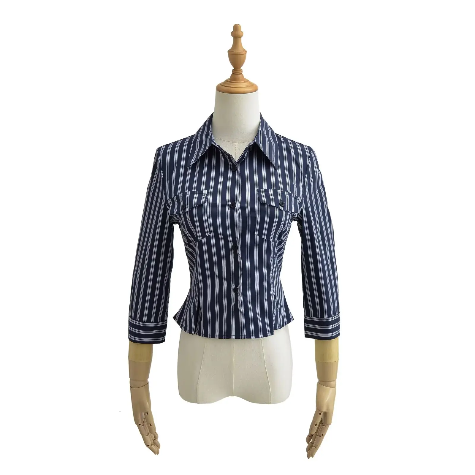 

Slim Fit Long Sve irt Faionable отложной воротник вертикальные полоски с завязкой на талии Bell Sve для модных женщин