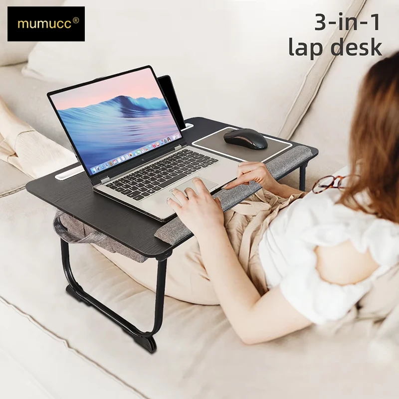 MUMUCC Portable Bed Table For Laptop Folding With Foldable Cushion,Handle,Slot And Mouse Pad, Wooden Gaming Desk