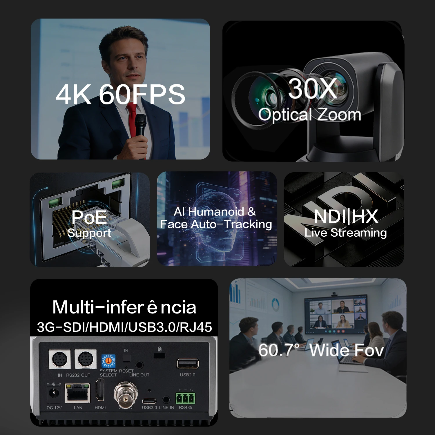 

4K60fps NDI Camera Ai Auto Tracking Ptz Camera 20x 30x Optical zoom HDMI USB POE IP Live Streaming Camera For Church Worship