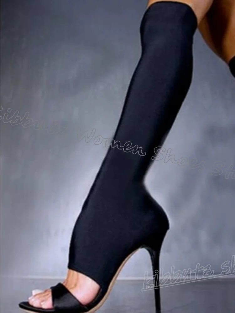 

Satin Knee High Sandals Over The Knee Solid Color Slip-On Fashion Elegant Concise Luxury Sexy Pointed Toe Thin High Heels Shoes