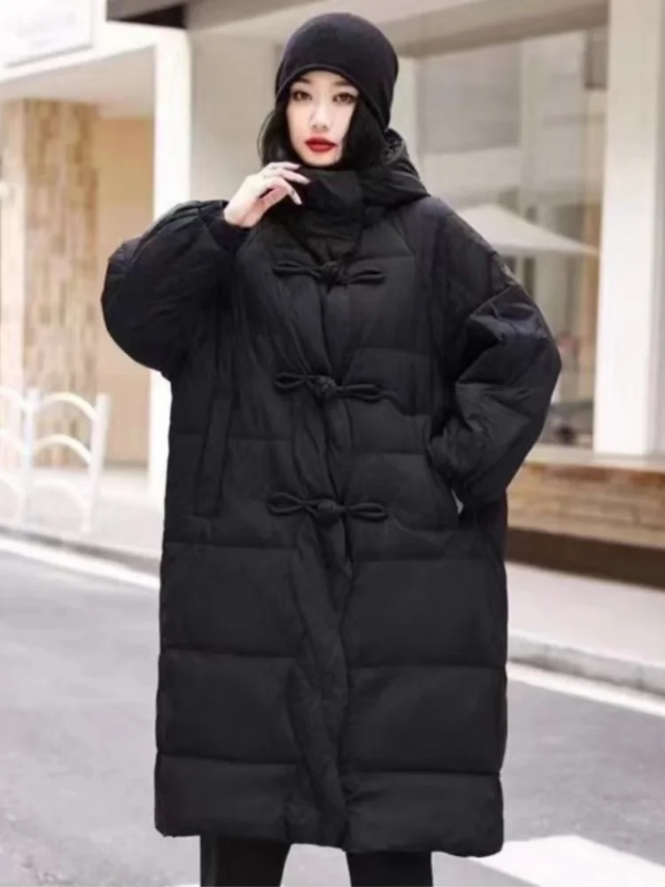 Vefadisa 2024 Winter New Black Women Parkas Coat Hooded Long Sleeved Mid-length Down Jacket Fashion Warm Parkas Coat ZXY1508A