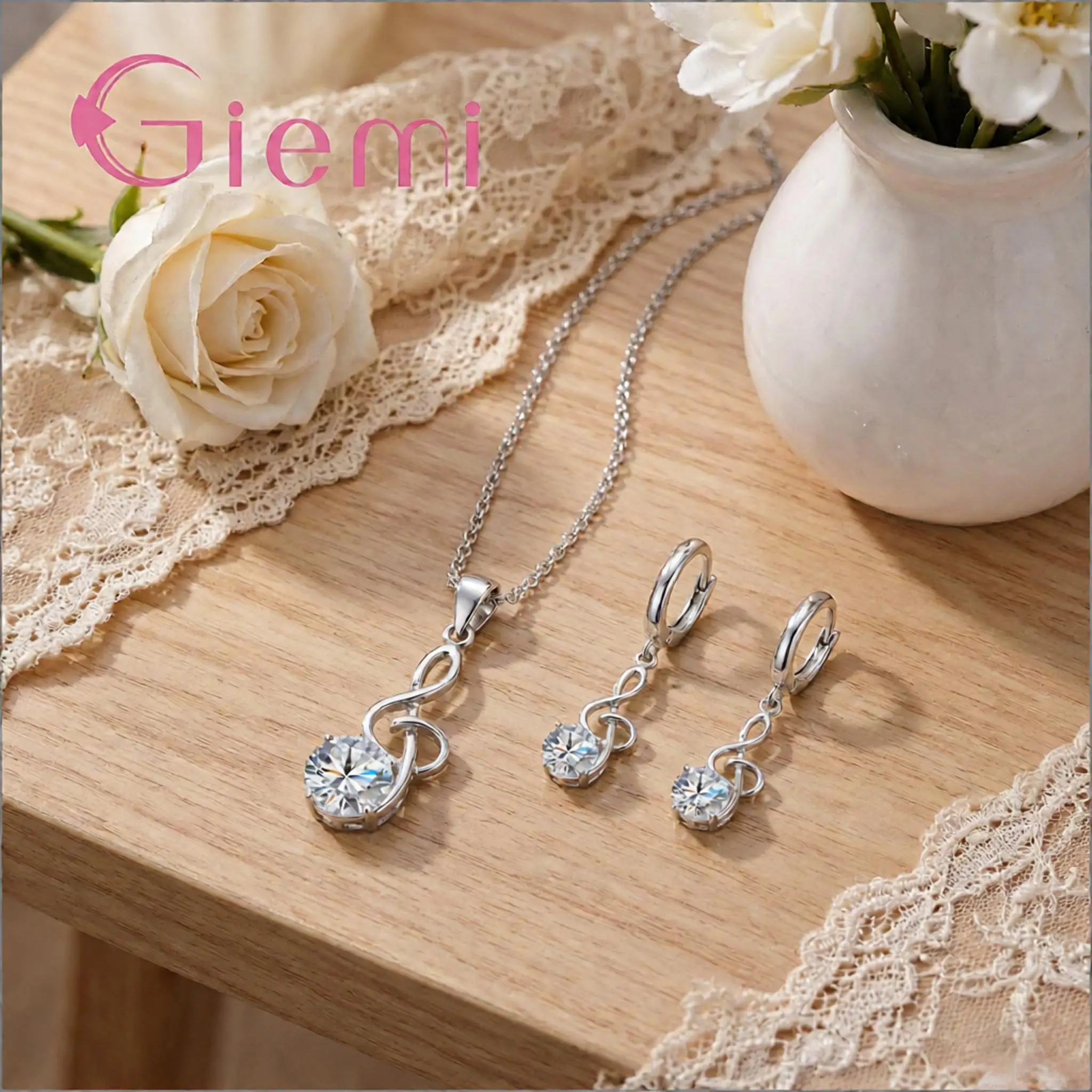 Charm 925 Sterling Silver Musical Note Shape Crystal Zircon Necklace Earrings Set for Women Girls Anniversary Party Jewelry Gift