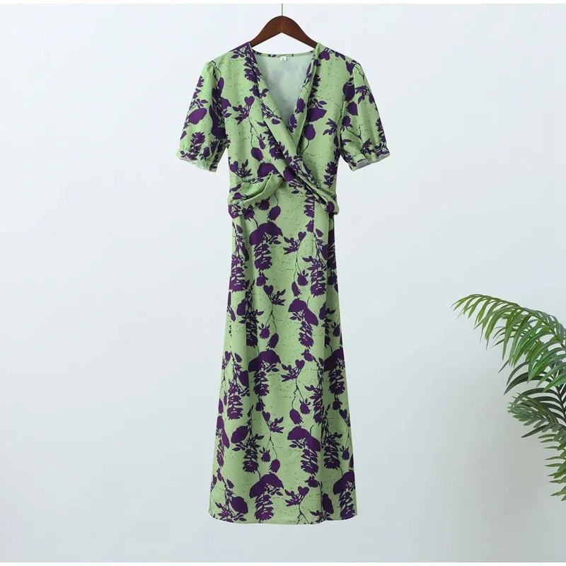 Summer Short Sleeve Print Long Dress Women Elegant Party Sexy Slim V Neck Green Dresses Elegantes Street Evening Vestidos