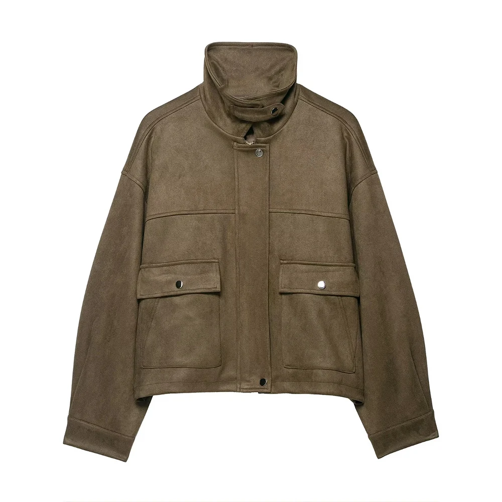 

Женская новая мода с откидным карманом, повседневная замшевая летная куртка, пальто в стиле ретро, женское пальто на молнии с длинными рукавами, шикарный топ