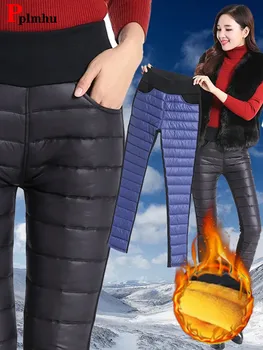 겨울 스노우웨어 코튼 펜슬 바지 Thicken Double 플러시 벨벳 Pantalones Spodnie 따뜻한 패딩 여성 빅 사이즈 4xl 슬림 바지