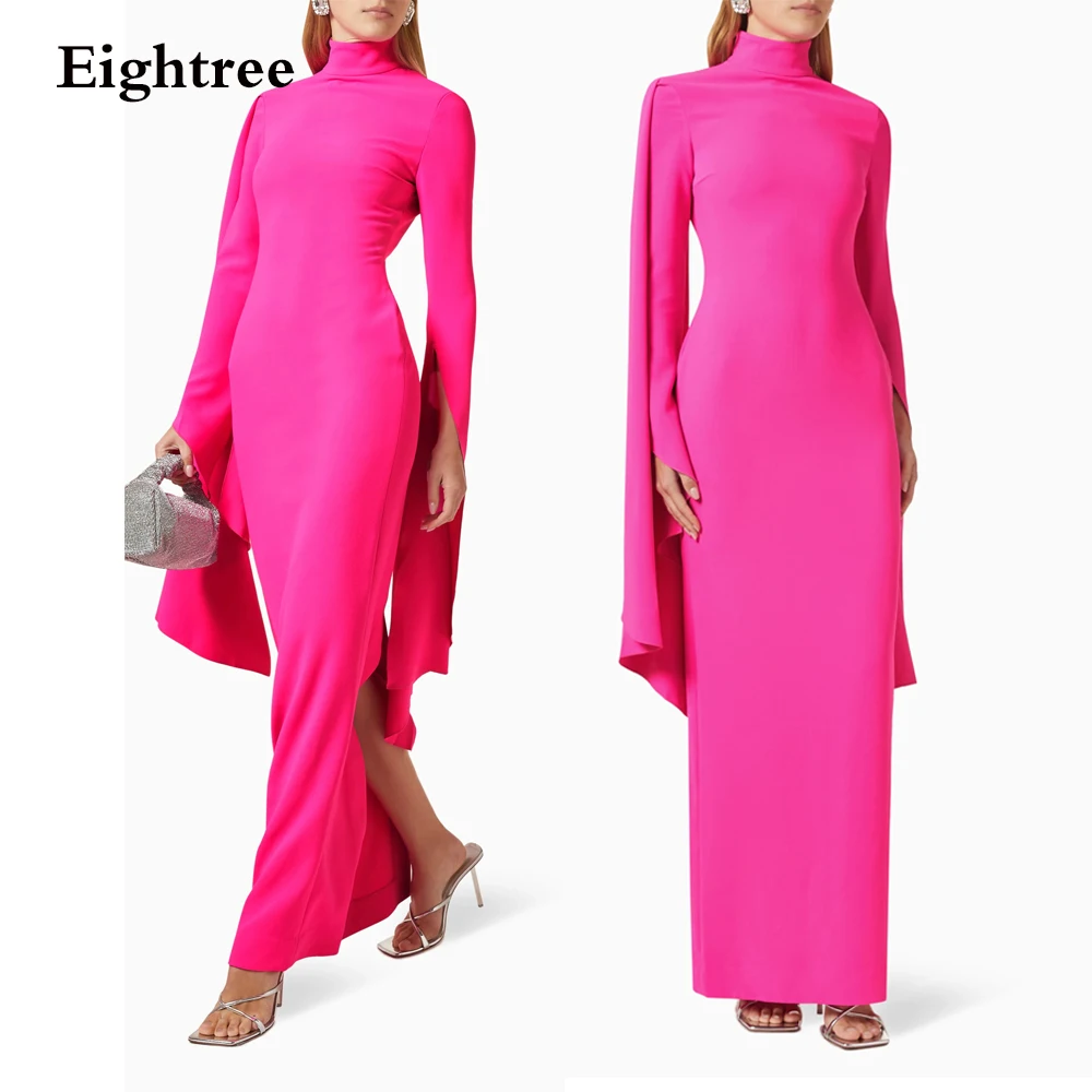 

Eightree Pink Stratch Satin Beach Custom Evening Dresses Long Sleeves High Neck Arabic Women Prom Gown Formal Party Dress فستان