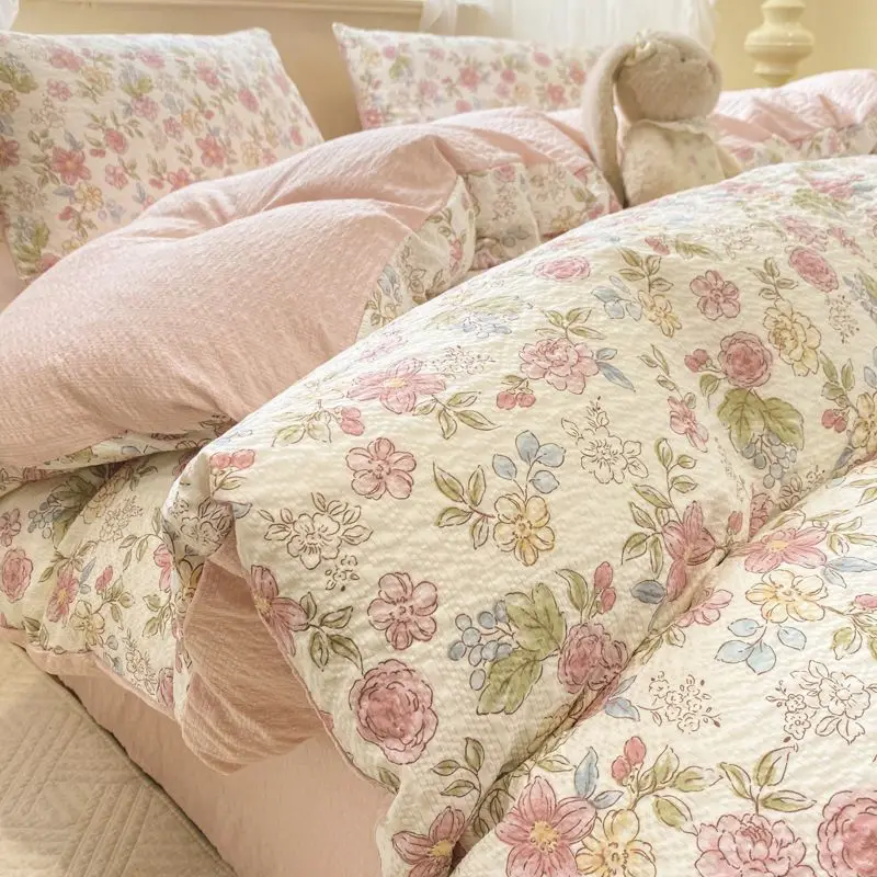 A-Class Puff Double-Layer Yarn 4-Piece Bedding Set - Breathable All-Season Dorm/Washable Cotton Soft & Comfortable